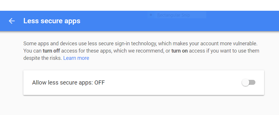 Screenshot of Gmail Less secure apps setting page